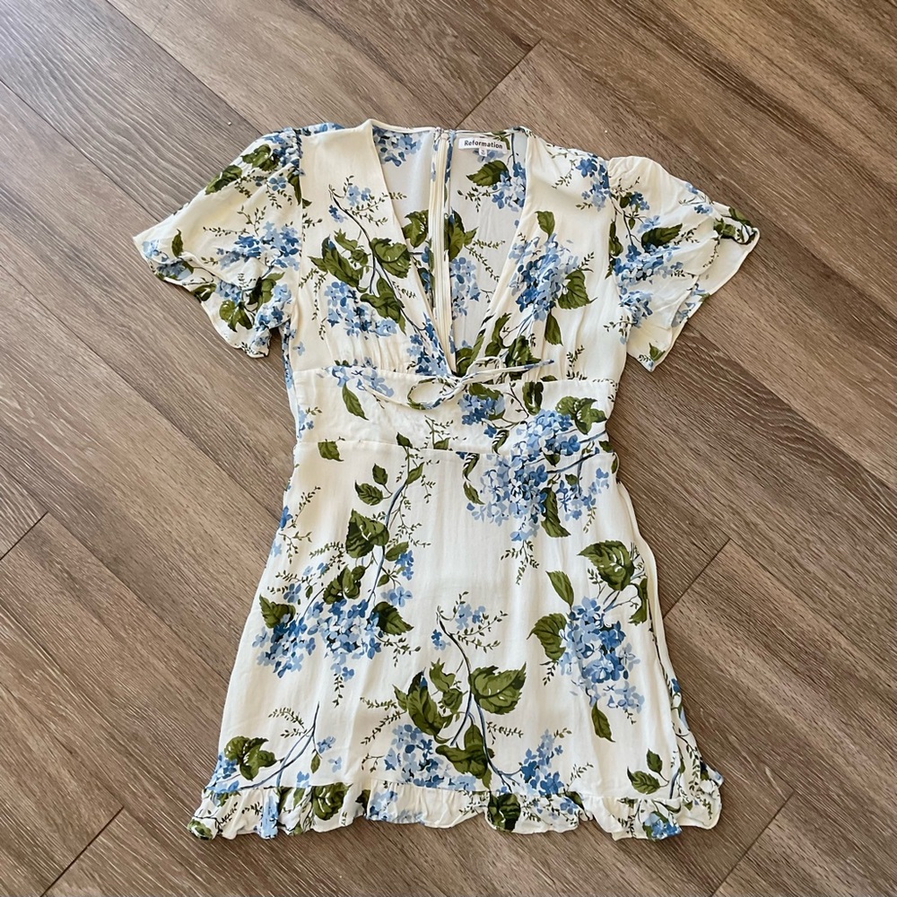 Reformation Cream Mini Dress with Blue Floral Print